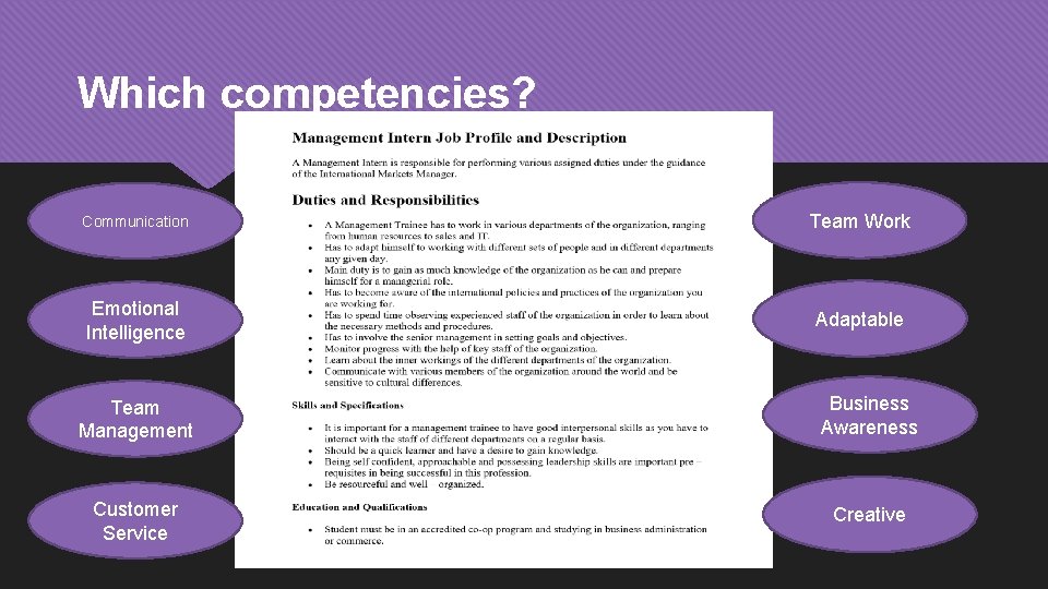 Which competencies? Communication Team Work Emotional Intelligence Adaptable Team Management Business Awareness Customer Service