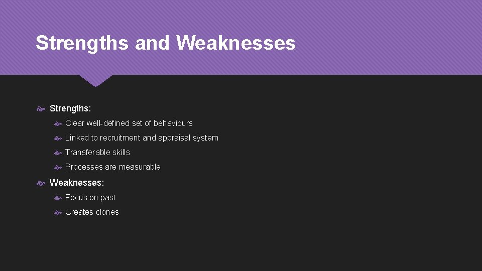 Strengths and Weaknesses Strengths: Clear well-defined set of behaviours Linked to recruitment and appraisal