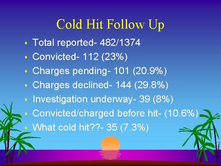 Cold Hit Follow Up s s s s Total reported- 482/1374 Convicted- 112 (23%)