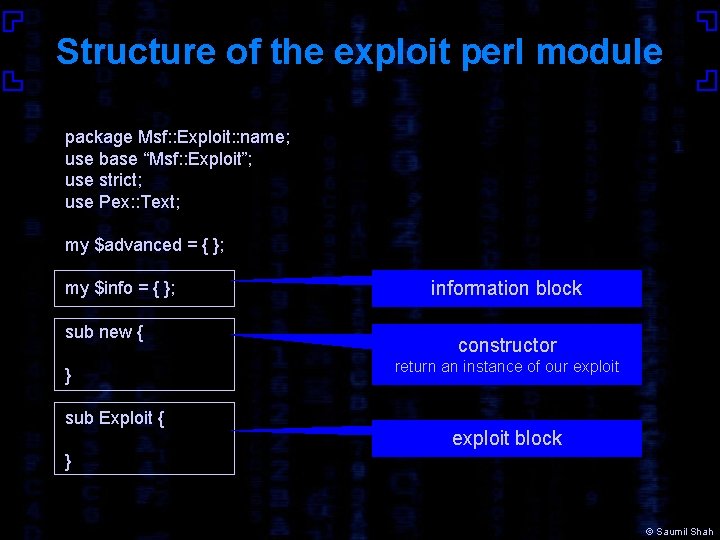 Structure of the exploit perl module package Msf: : Exploit: : name; use base