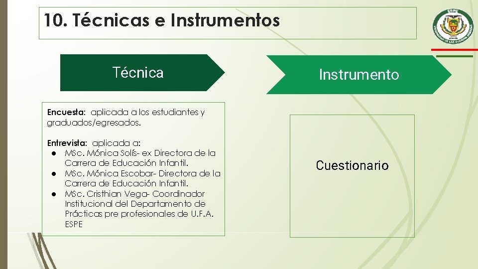 10. Técnicas e Instrumentos Técnica Instrumento Encuesta: aplicada a los estudiantes y graduados/egresados. Entrevista: