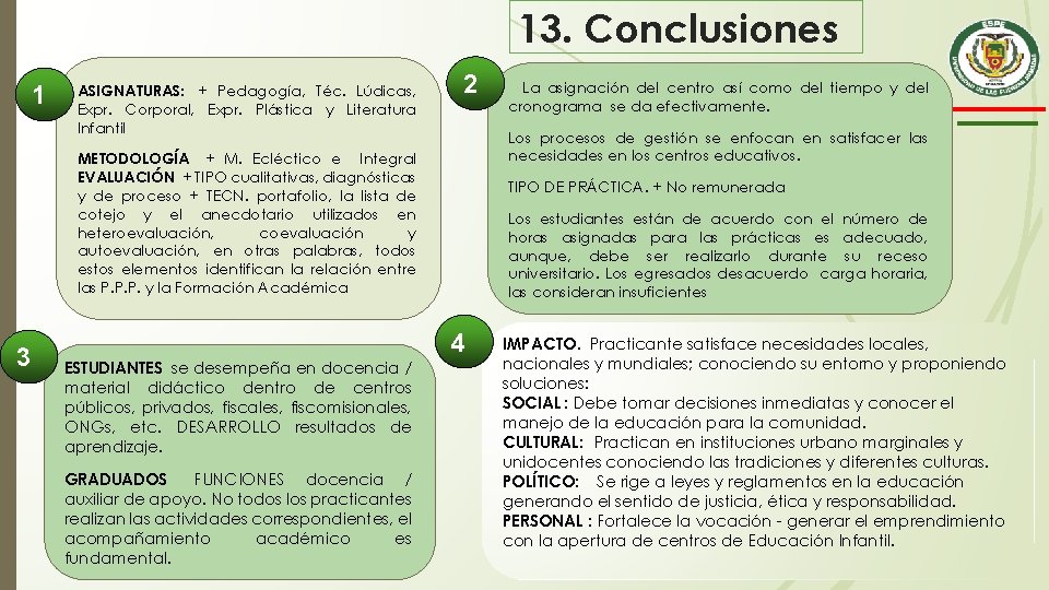 13. Conclusiones 1 ASIGNATURAS: + Pedagogía, Téc. Lúdicas, Expr. Corporal, Expr. Plástica y Literatura