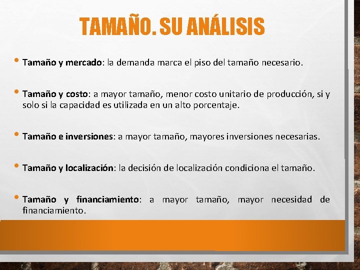 TAMAÑO. SU ANÁLISIS • Tamaño y mercado: la demanda marca el piso del tamaño