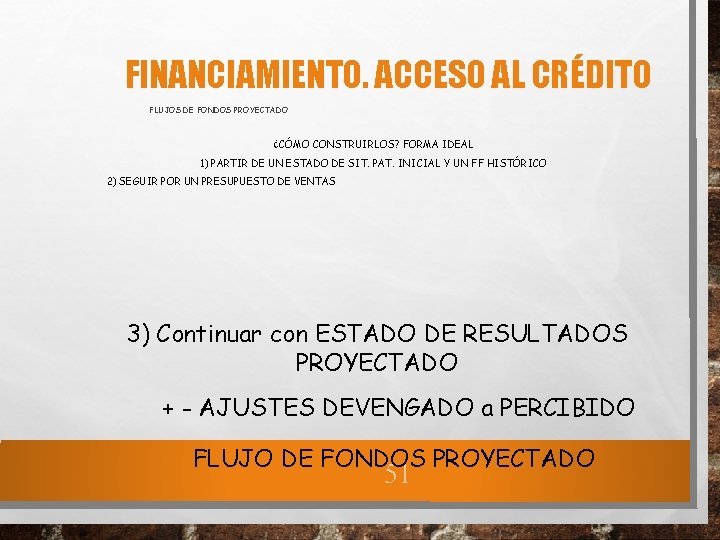 FINANCIAMIENTO. ACCESO AL CRÉDITO FLUJOS DE FONDOS PROYECTADO ¿CÓMO CONSTRUIRLOS? FORMA IDEAL 1) PARTIR