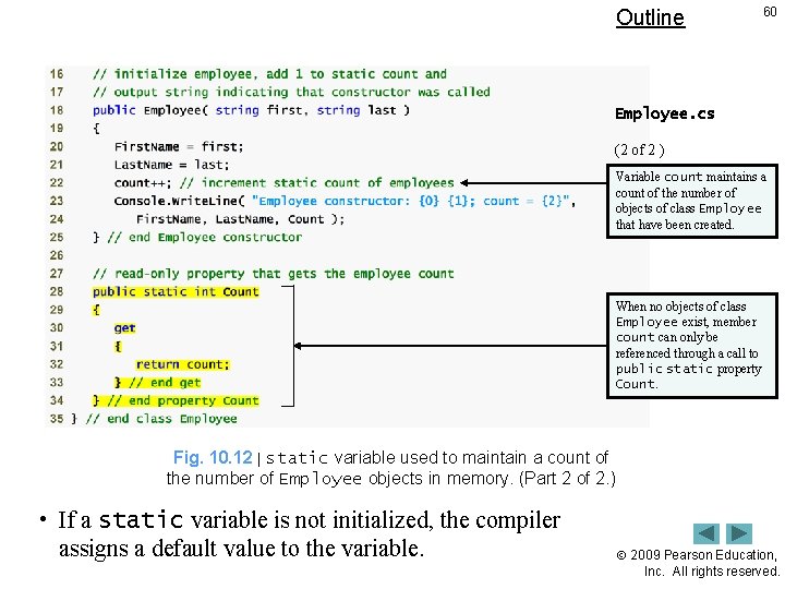 Outline 60 Employee. cs (2 of 2 ) Variable count maintains a count of