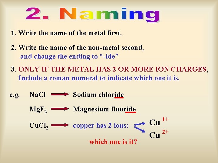 1. Write the name of the metal first. 2. Write the name of the
