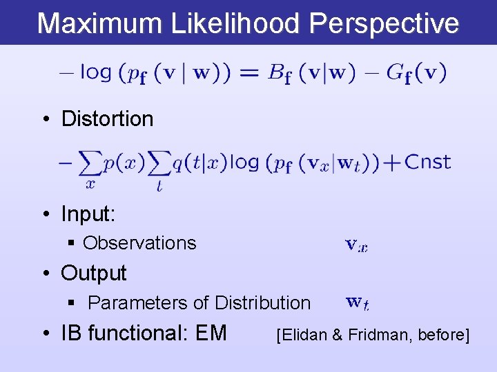 Maximum Likelihood Perspective • Distortion • Input: § Observations • Output § Parameters of