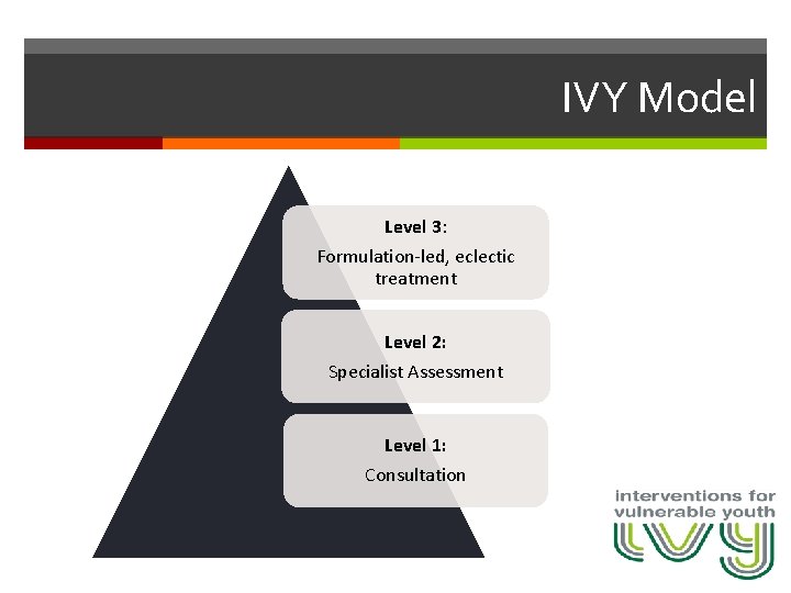 IVY Model Level 3: Formulation-led, eclectic treatment Level 2: Specialist Assessment Level 1: Consultation