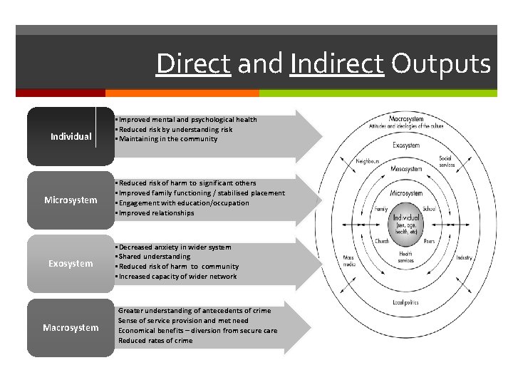 Direct and Indirect Outputs • Improved mental and psychological health • Reduced risk by