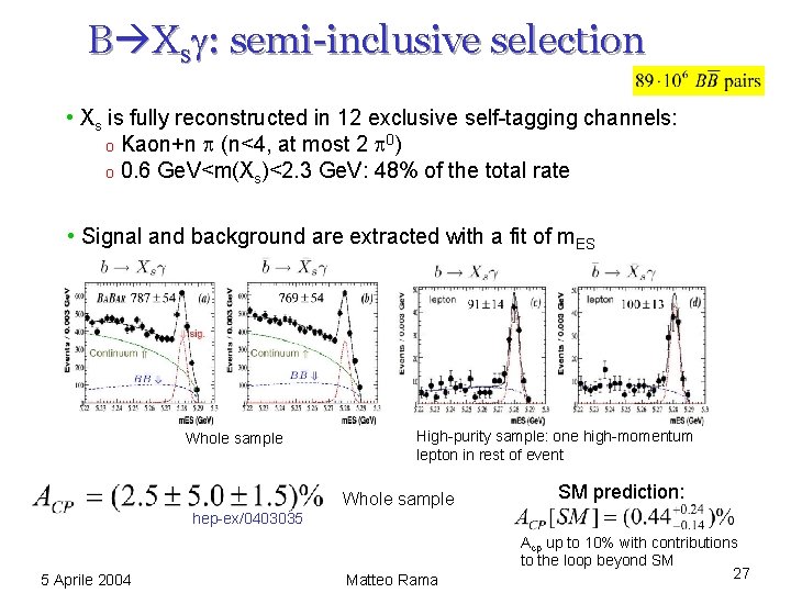 B Xsg: semi-inclusive selection • Xs is fully reconstructed in 12 exclusive self-tagging channels: