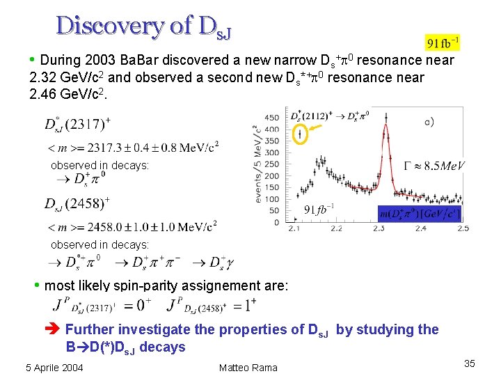 Discovery of Ds. J • During 2003 Ba. Bar discovered a new narrow Ds+