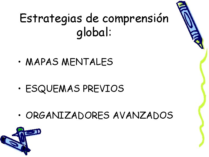 Estrategias de comprensión global: • MAPAS MENTALES • ESQUEMAS PREVIOS • ORGANIZADORES AVANZADOS 