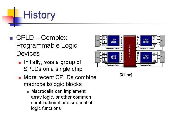 History n CPLD – Complex Programmable Logic Devices n n Initially, was a group