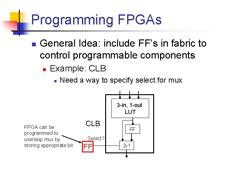 Programming FPGAs n General Idea: include FF’s in fabric to control programmable components n