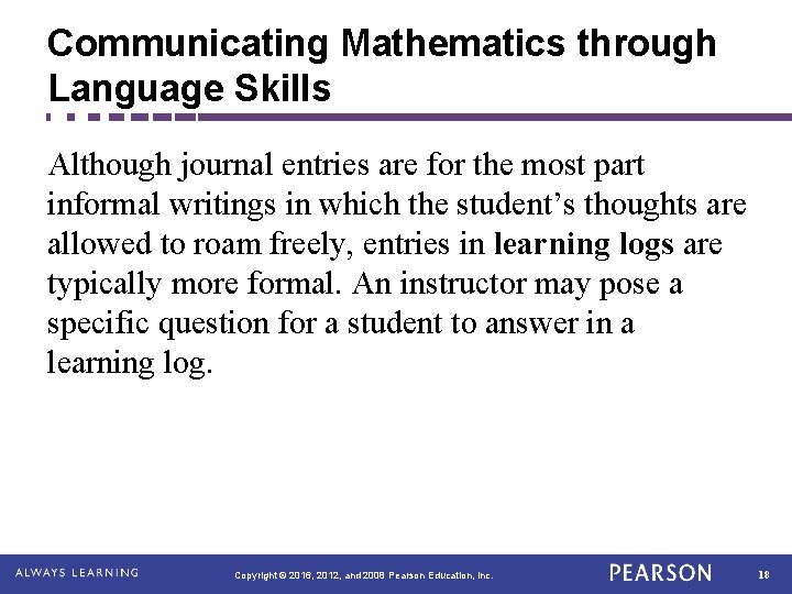 Communicating Mathematics through Language Skills Although journal entries are for the most part informal