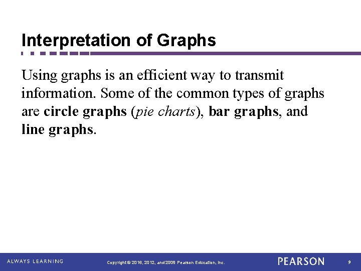 Interpretation of Graphs Using graphs is an efficient way to transmit information. Some of