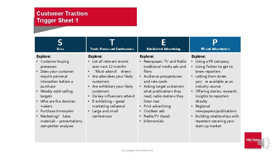 Customer Traction Trigger Sheet 1 S T E P Sales Trade Shows and Conferences