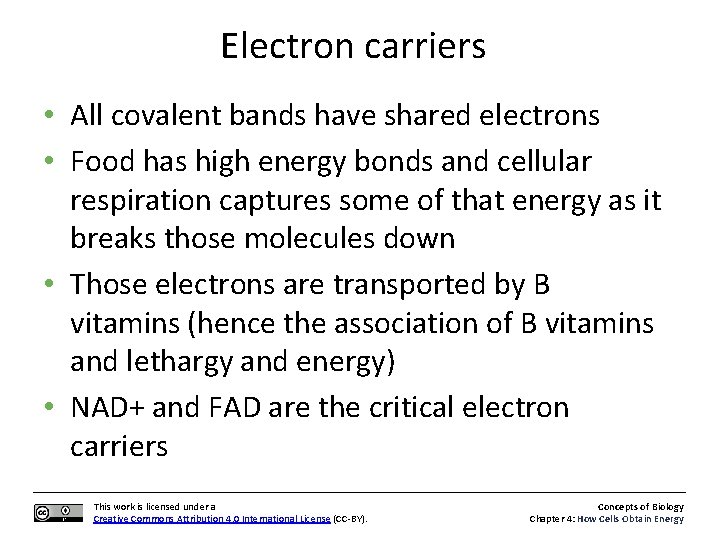 Electron carriers • All covalent bands have shared electrons • Food has high energy