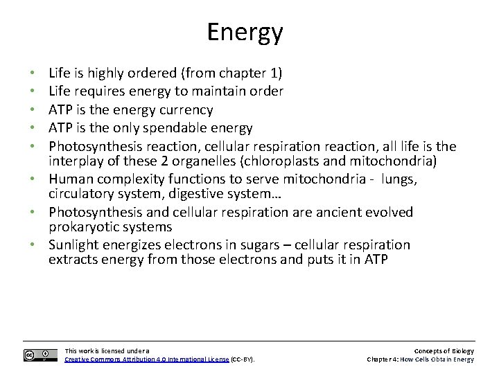 Energy Life is highly ordered (from chapter 1) Life requires energy to maintain order
