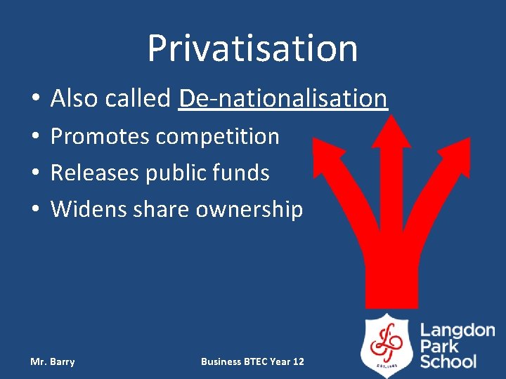 Privatisation • Also called De-nationalisation • Promotes competition • Releases public funds • Widens