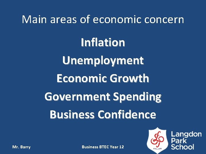 Main areas of economic concern Inflation Unemployment Economic Growth Government Spending Business Confidence Mr.