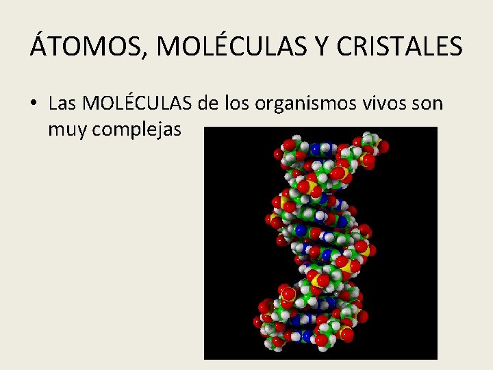 ÁTOMOS, MOLÉCULAS Y CRISTALES • Las MOLÉCULAS de los organismos vivos son muy complejas