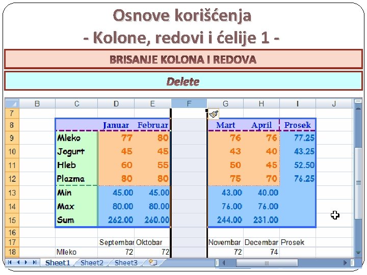 Osnove korišćenja - Kolone, redovi i ćelije 1 BRISANJE KOLONA UMETANJE KOLONAI IREDOVA Delete