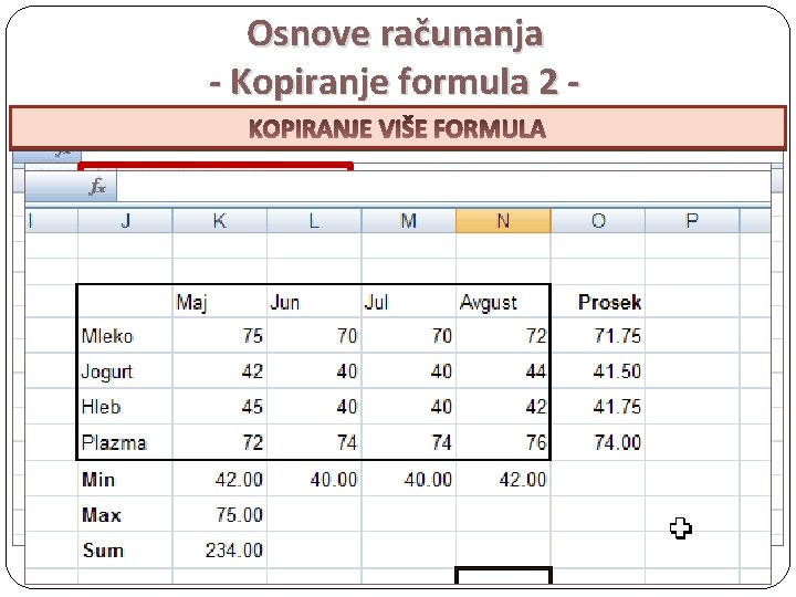 Osnove računanja - Kopiranje formula 2 KOPIRANJE FORMULE FORMULA =MIN(VIŠE M KL 9: N
