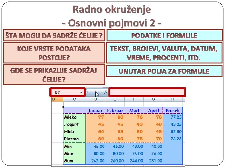 Radno okruženje - Osnovni pojmovi 2 ŠTA MOGU DA SADRŽE ĆELIJE ? PODATKE I