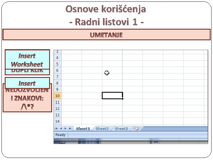 Osnove korišćenja - Radni listovi 1 PROMENA UMETANJE BRISANJE NAZIVA BOJE Tab Rename Delete