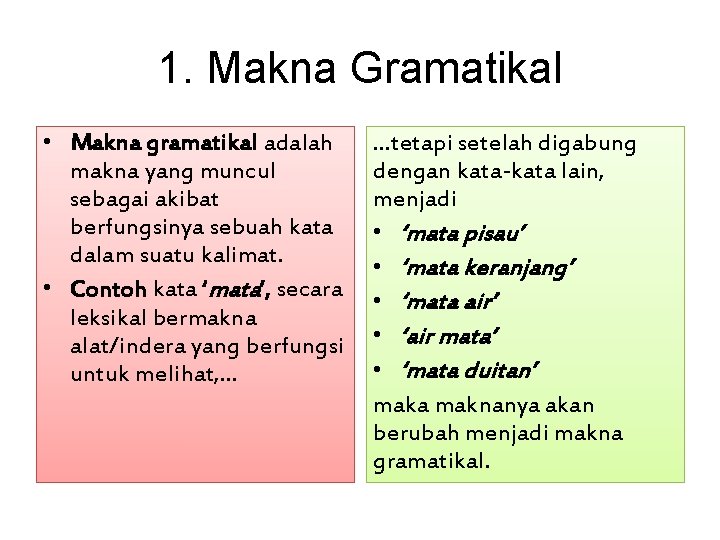 1. Makna Gramatikal • Makna gramatikal adalah makna yang muncul sebagai akibat berfungsinya sebuah