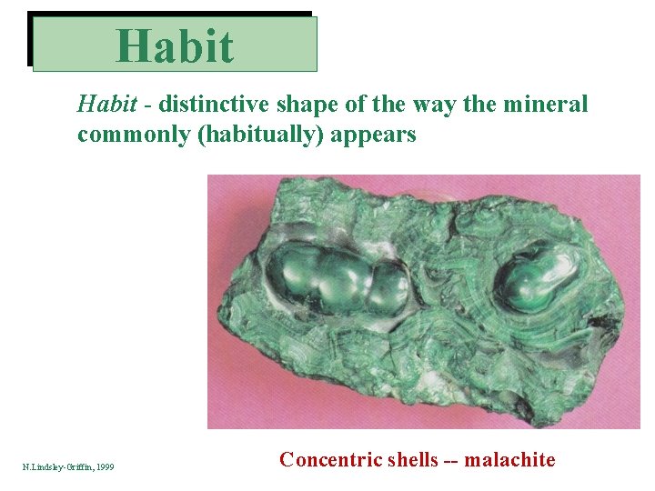 Habit - distinctive shape of the way the mineral commonly (habitually) appears N. Lindsley-Griffin,