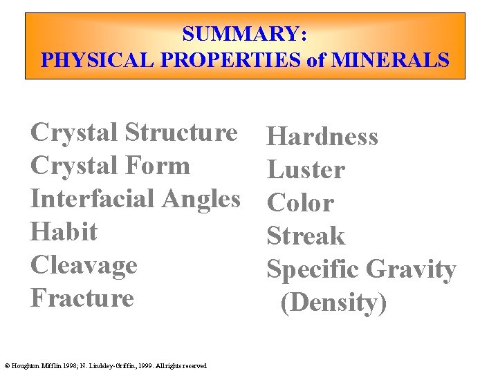 SUMMARY: PHYSICAL PROPERTIES of MINERALS Crystal Structure Crystal Form Interfacial Angles Habit Cleavage Fracture