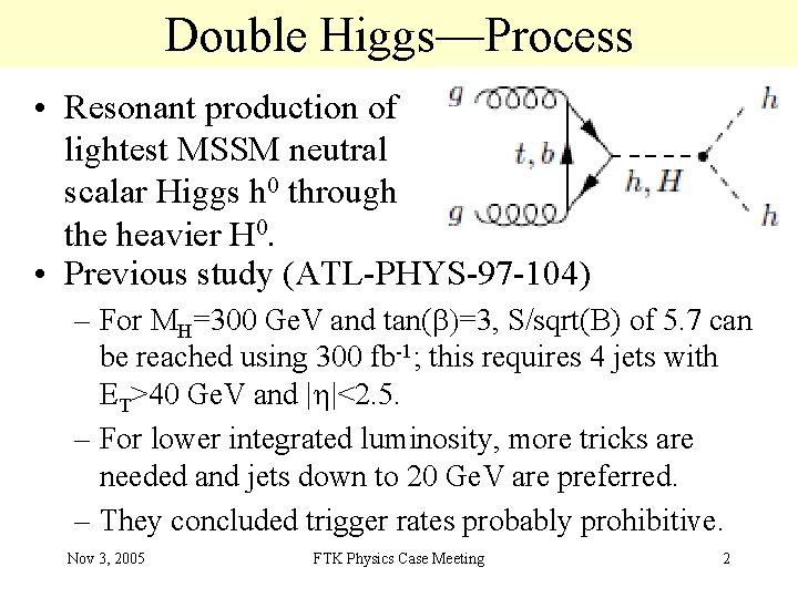 Double Higgs—Process • Resonant production of lightest MSSM neutral scalar Higgs h 0 through