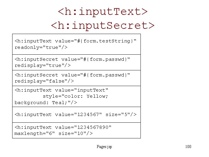 <h: input. Text> <h: input. Secret> <h: input. Text value="#{form. test. String}" readonly="true"/> <h: