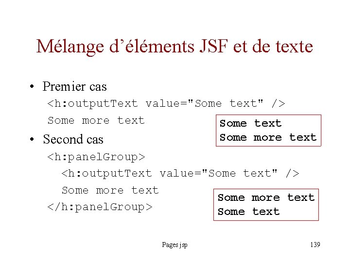 Mélange d’éléments JSF et de texte • Premier cas <h: output. Text value="Some text"