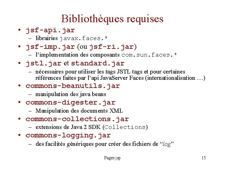 Bibliothèques requises • jsf-api. jar – librairies javax. faces. * • jsf-imp. jar (ou