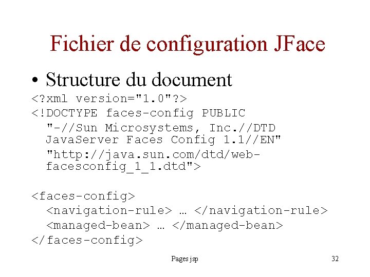 Fichier de configuration JFace • Structure du document <? xml version="1. 0"? > <!DOCTYPE