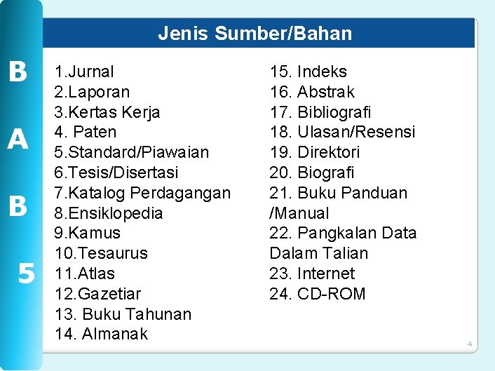 Jenis Sumber/Bahan B A B 5 1. Jurnal 2. Laporan 3. Kertas Kerja 4.