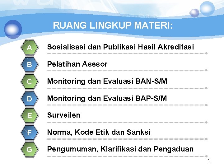 RUANG LINGKUP MATERI: A Sosialisasi dan Publikasi Hasil Akreditasi B Pelatihan Asesor C Monitoring