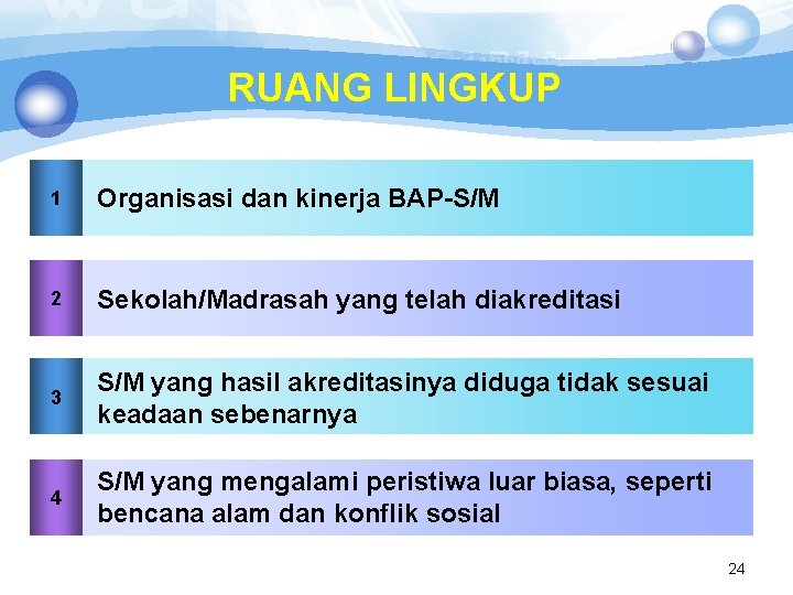 RUANG LINGKUP 1 Organisasi dan kinerja BAP-S/M 2 Sekolah/Madrasah yang telah diakreditasi 3 S/M