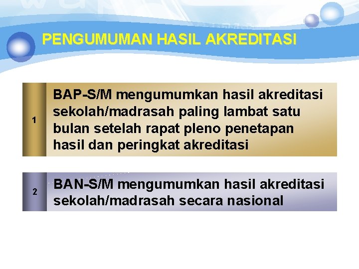 PENGUMUMAN HASIL AKREDITASI 1 BAP-S/M mengumumkan hasil akreditasi sekolah/madrasah paling lambat satu bulan setelah