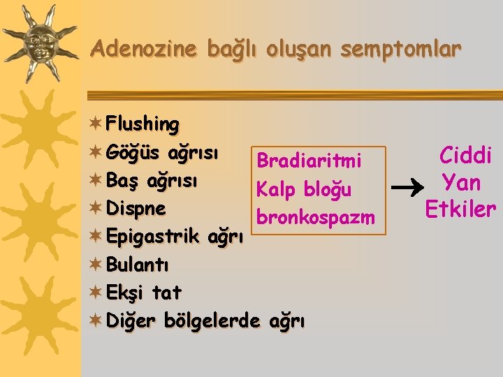 Adenozine bağlı oluşan semptomlar ¬ Flushing ¬ Göğüs ağrısı Bradiaritmi ¬ Baş ağrısı Kalp