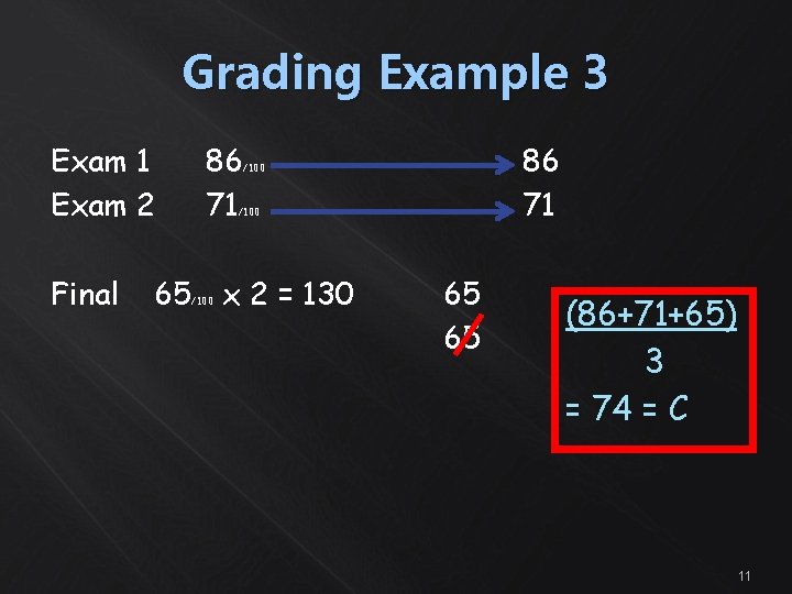 Grading Example 3 Exam 1 Exam 2 Final 65 86 71 /100 x 2