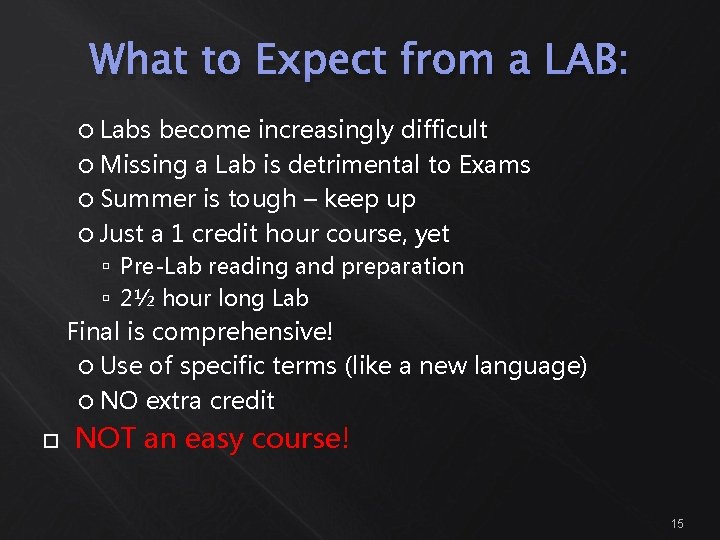 What to Expect from a LAB: Labs become increasingly difficult Missing a Lab is