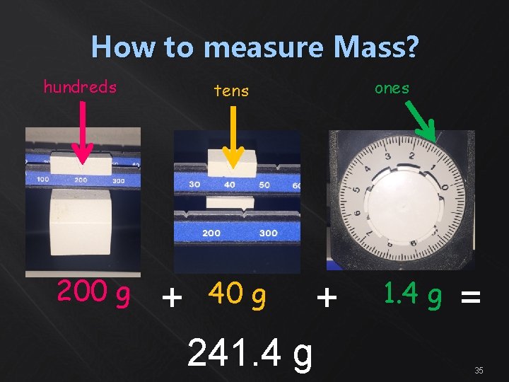 How to measure Mass? hundreds 200 g ones tens + 40 g 241. 4