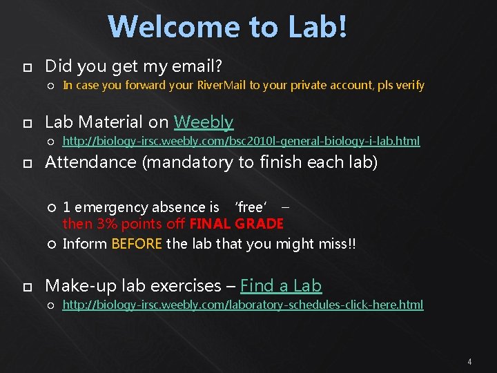 Welcome to Lab! Did you get my email? Lab Material on Weebly In case