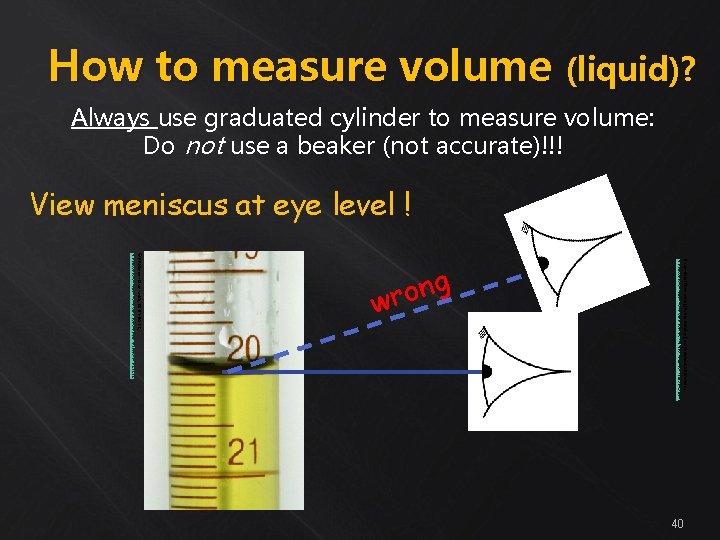How to measure volume (liquid)? Always use graduated cylinder to measure volume: Do not