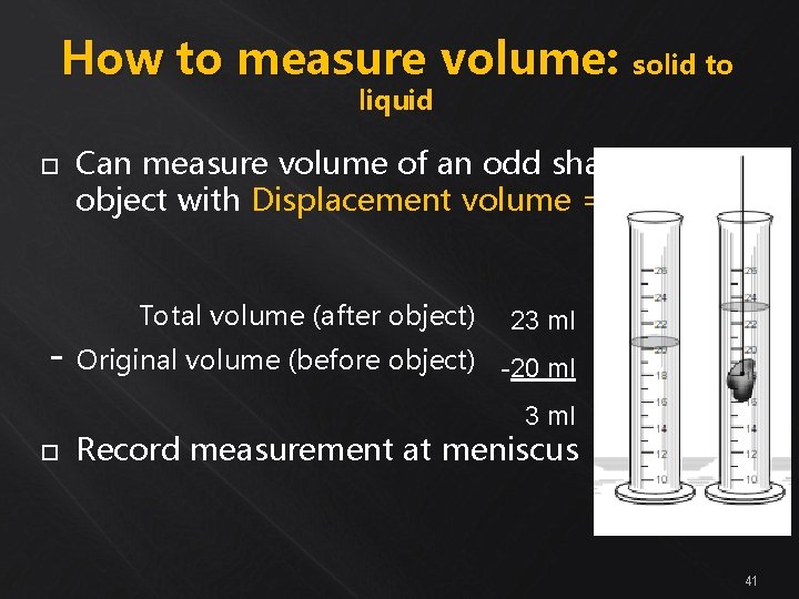 How to measure volume: solid to liquid Can measure volume of an odd shaped