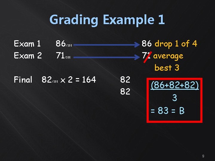 Grading Example 1 Exam 2 Final 82 86 71 86 drop 1 of 4